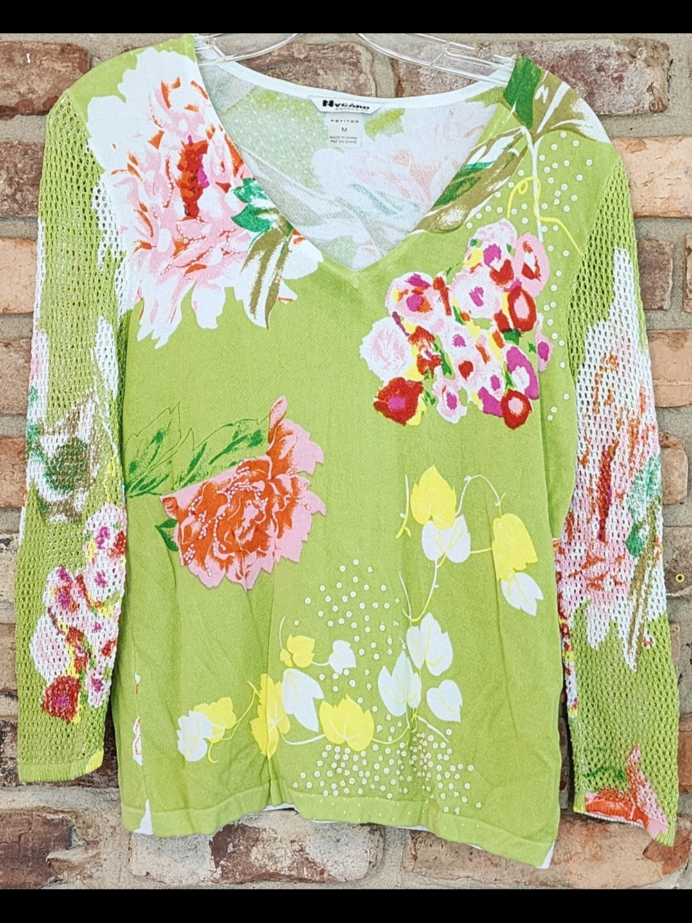 Nygard Collection Bright Floral V-Neck Sweater Lime Green PM